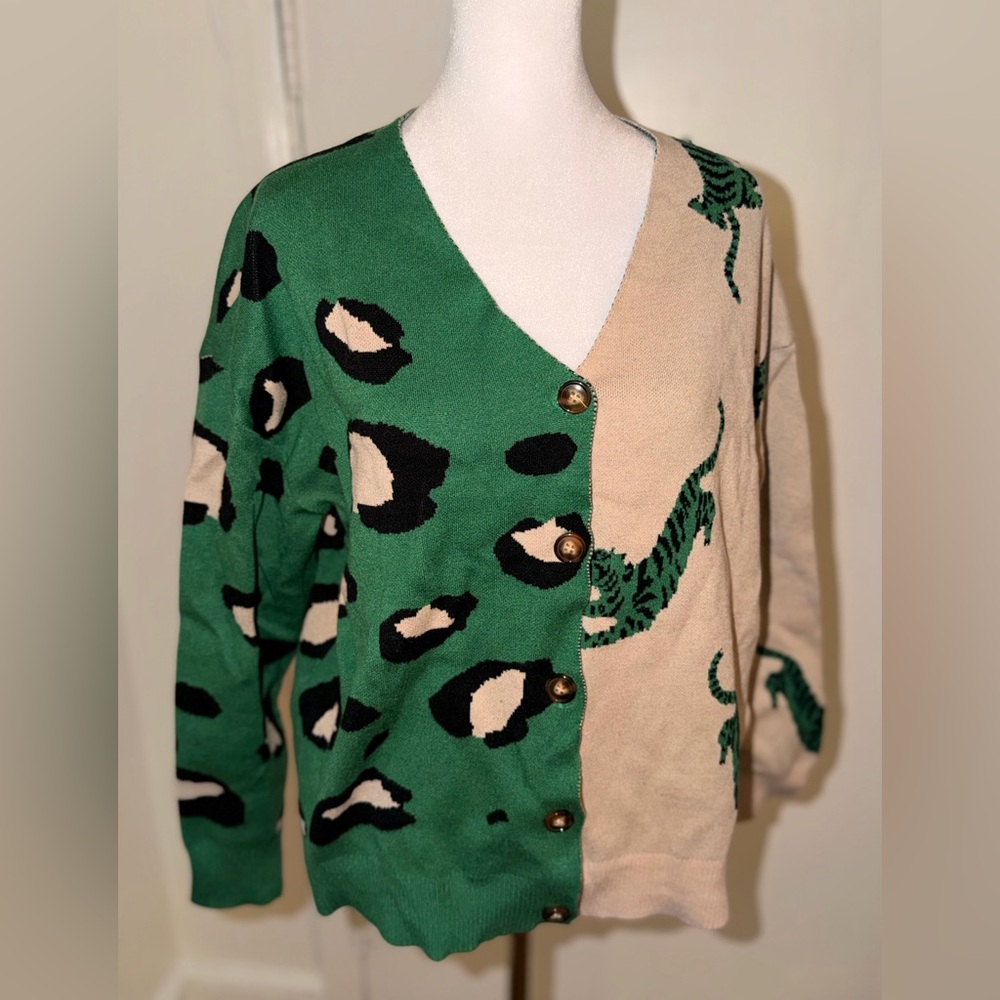 SHEIN Green and Cream Animal Print Cardigan